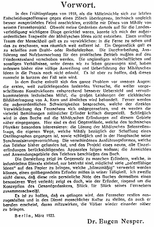 Mih&aacute;ly D&eacute;nes: Das Electrische Fernsehen und das Telehor. 1923