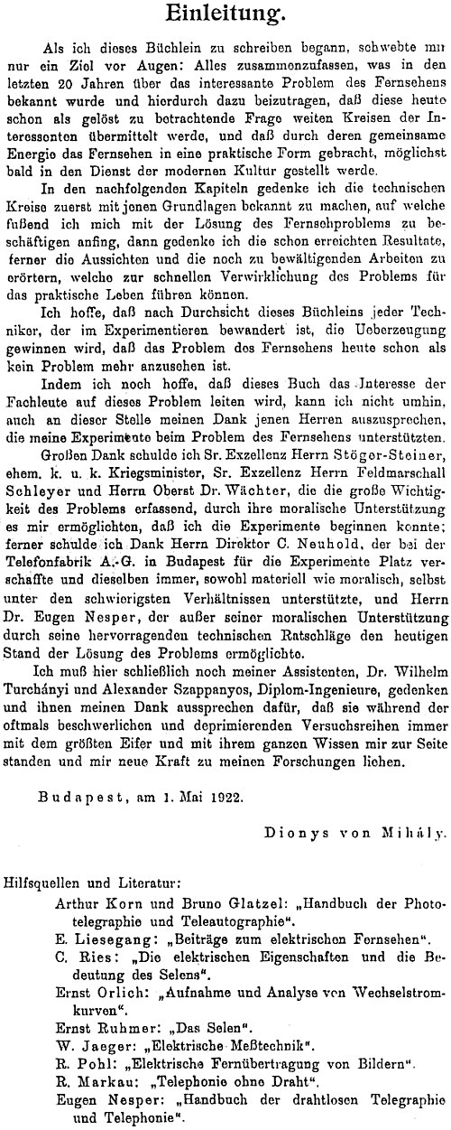 Mih&aacute;ly D&eacute;nes: Das Electrische Fernsehen und das Telehor. 1923