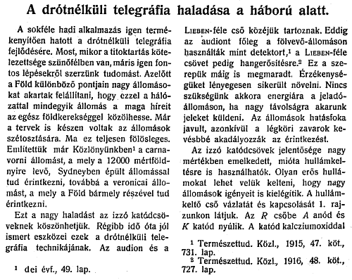 Mende Jeno: A drótnélküli telegráfia haladása a háború alatt. 